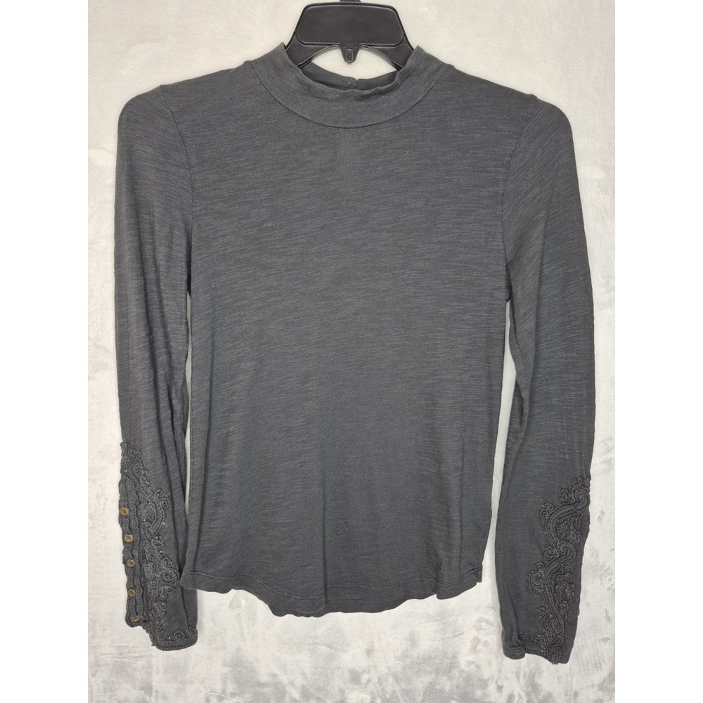 We The Free Free People Gray Embroidered Button Cuff Top Womens XS Mock Neck